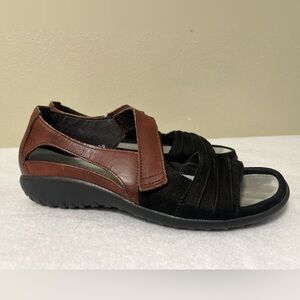 NAOT 'Papaki' Black Velvet & Brown Leather Mary Jane Sandals EU 39 | US 8.5